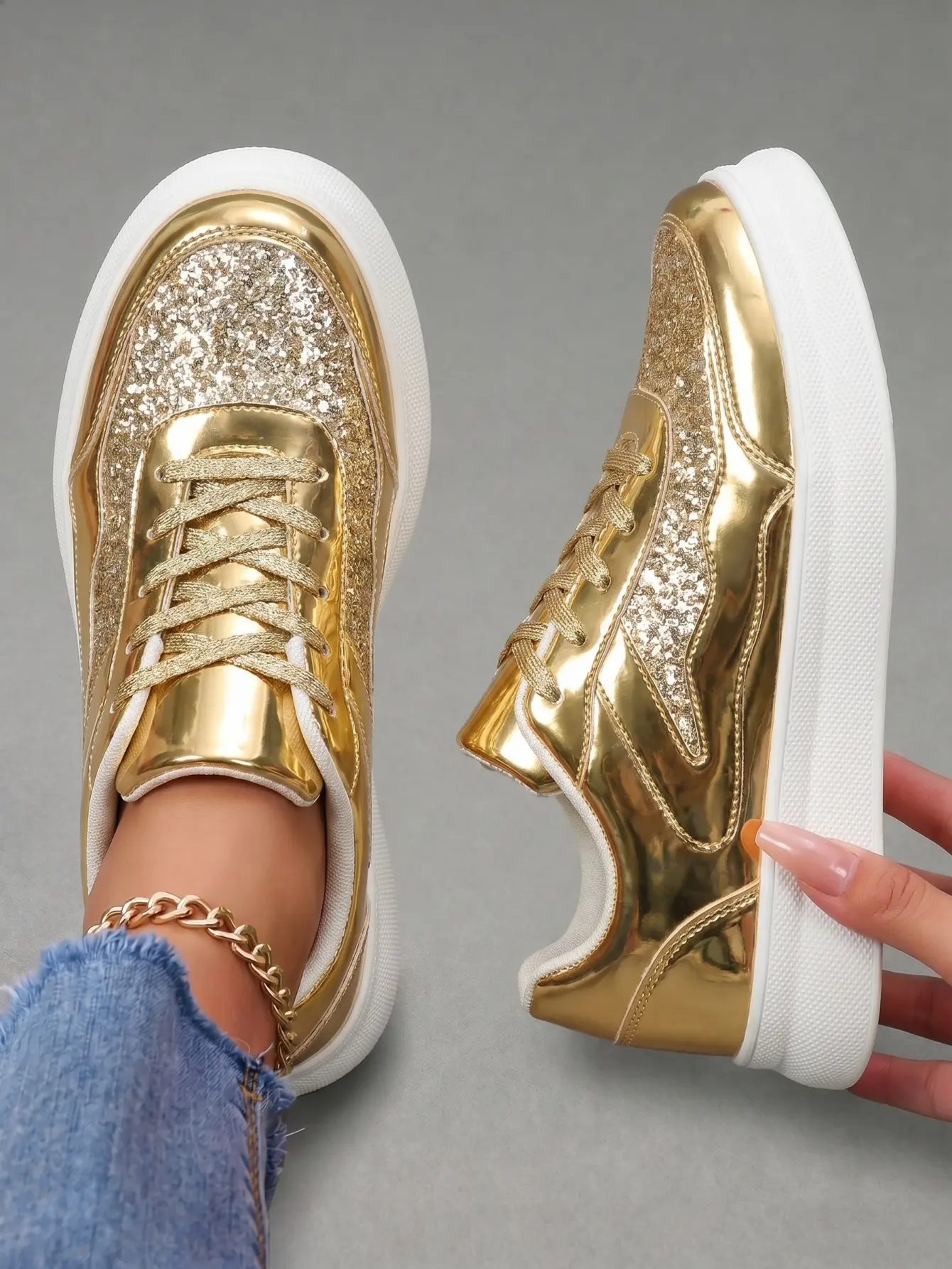 Women's Gold Glitter Platform Sneakers, Retro Chunky Metallic Lace-Up Footwear with Cushioned Anti-Slip Thick Sole for Parties & Streetwear, Girls, Leather, All Seasons, Party-Ready, Pu Upper