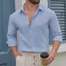 Zaitun Menswear Men's Long Sleeve Soft Striped Textured Polyester Fabric Shirt - Breathable Outfits, Button-Front, Fitted, Thin, Stylish, Minimalist, Elegant, Versatile Male Tops for Casual Polished Look