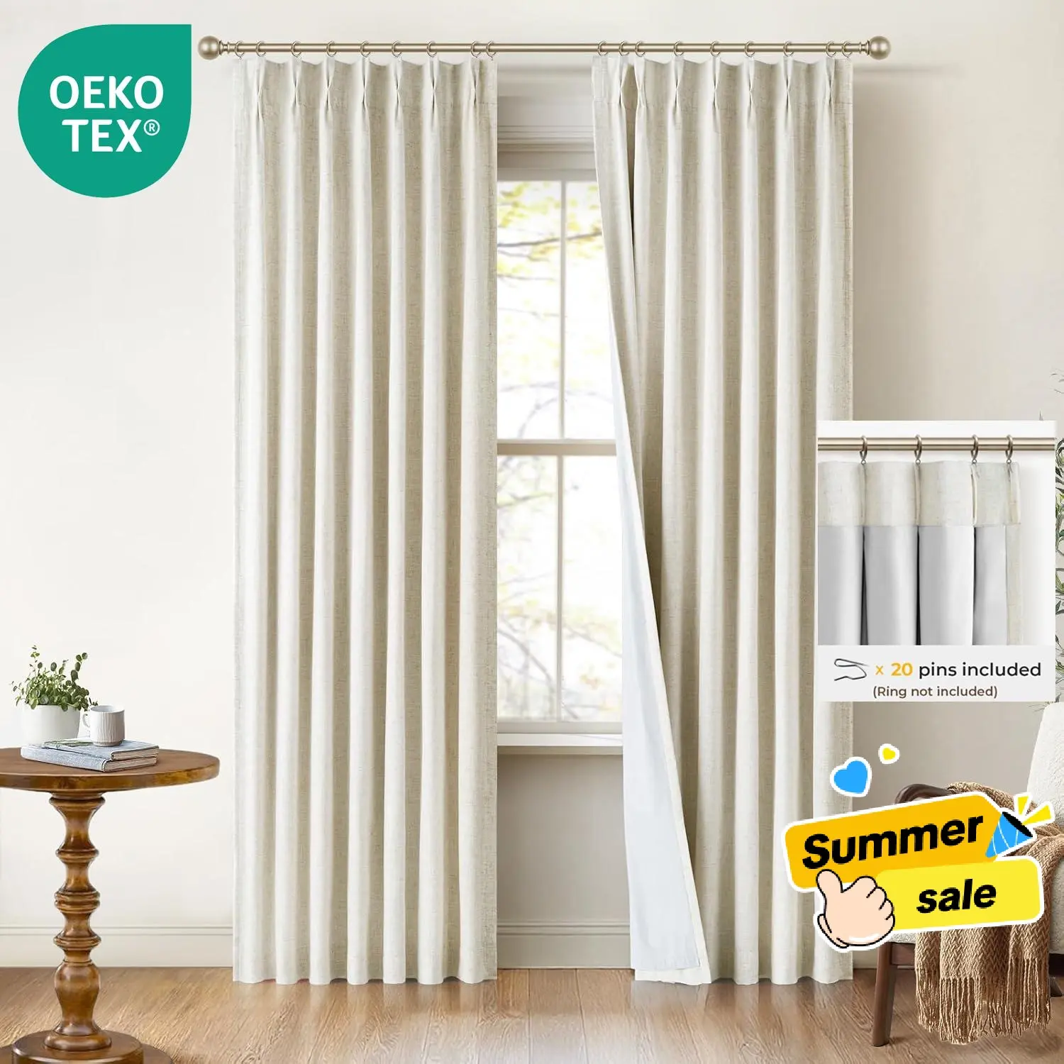 Back To School INOVADAY Pinch Pleated Curtains, 2 Panels Full Blackout Curtains, Linen Pleated Blackout Drapes For Bedroom, Thermal Black Out Pinch Pleat Drapes with Hooks