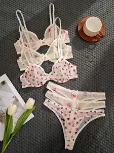 Women's Pure Color Heart Flower Print Bow Comfortable Bra Set, 3 Pack Thin Cup Underwear, Stylish & Soft Lingerie Collection