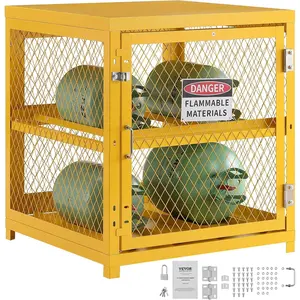 VEVOR Horizontal Cylinder Storage Cabinet, 4 Cylinder Capacity, 31x30x35 inch Propane Storage Cage, Gas Cylinder Cabinet with Yellow Powder Coat Finish