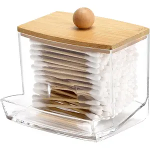 10oz Qtip Holder Dispenser with Bamboo Lids, Big Clear Bathroom Organizer Accessories Decor for Storage-Qtips Cotton Ball Holder Apothecary Jars, Cotton Swabs, Floss Container