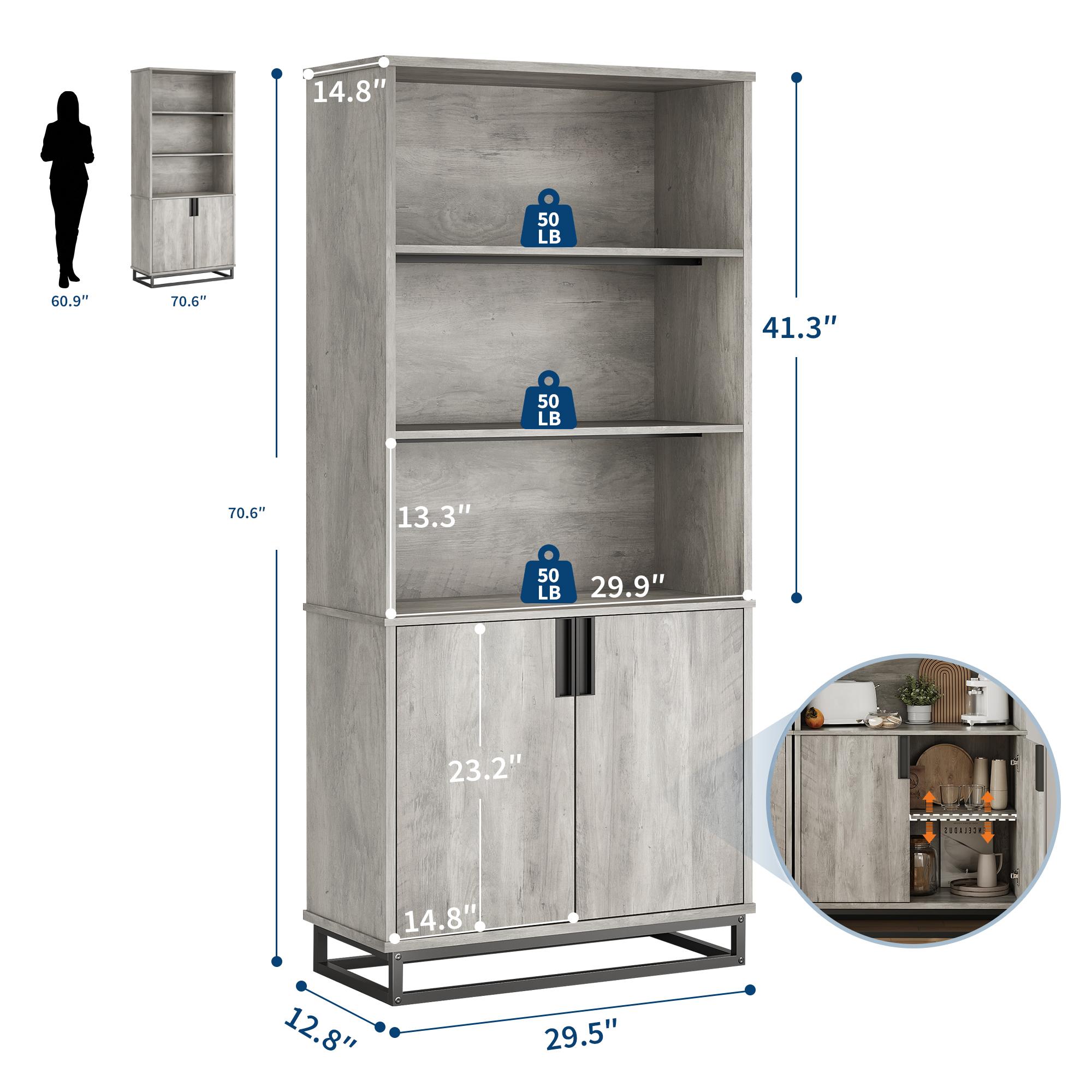 71" Tall Farmhouse Industrial Bookshelf with Doors, 5-Tier Wooden Bookcase with Adjustable Shelves & Grey Metal Base, Storage Cabinet Bookshelf for Living Room, Bedroom & Home Library