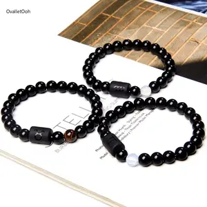 Unisex 12 Constellation Black Stone Beaded Elastic Bracelet, Charm Couples Bracelet for Women & Men, Ideal Birthday Gift (Leo, Taurus, Capricorn, Libra)