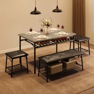 Modern 4-Piece Dining Table Set, Space-Saving Kitchen Dining Room Furniture with Upholstered Bench and 2 Square Stools, Sturdy Metal Frame with Storage Shelves, Ideal for Small Apartments, Grey