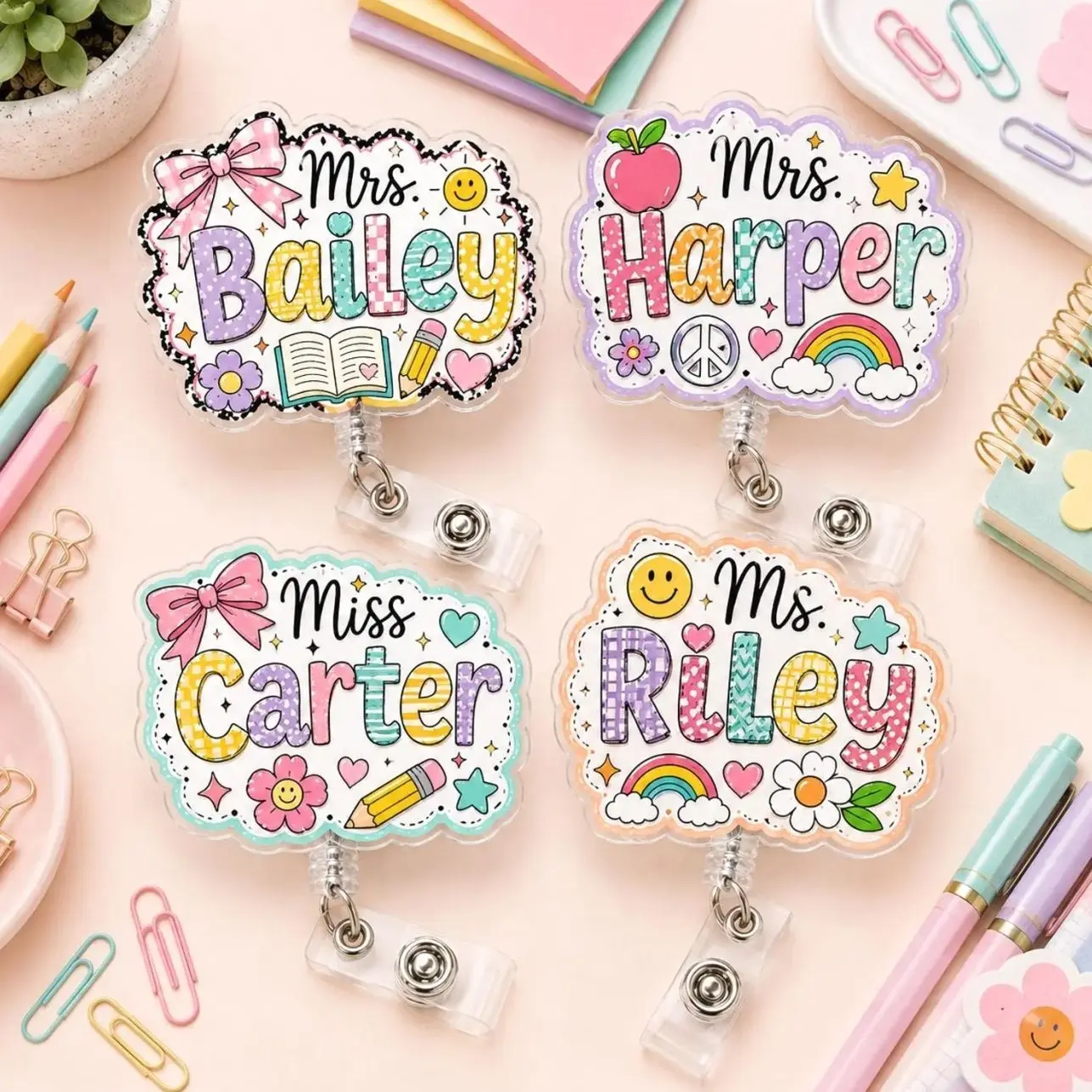 Personalized Doodle Teacher Badge Reel, Custom Name Acrylic Alligator Clip Badge Holder, Teacher Gift
