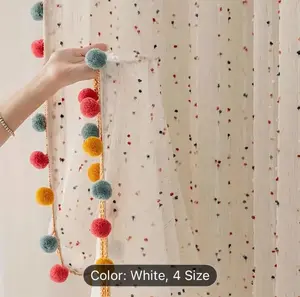 2PC Semi Sheer Rainbow Pom Pom Curtain with 3D Balls, Colorful Vertical Stripes, Light Filtering, Rod Pocket, Not See Through for Daughters Bedroom and Living Room
