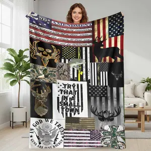 Patriotic Hunting Camouflage Flannel Blanket with American Flag and Deer Skull Print  Soft Warm Durable for Couch  Cabin  Camping  Outdoor Adventures  Gifts for Hunters