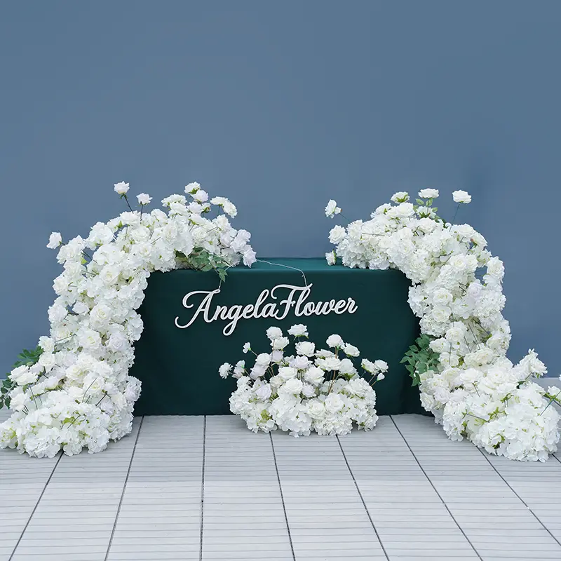 A8147 White Rose Hydrangea Floral Arrangement Sofa Table Runner Floor Flower