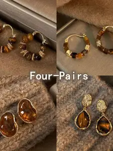 8pcs Vintage Style Maroon Color Stud Earrings, Unique Design High-End Everyday Jewelry, Versatile Light Luxury Ear Accessories, Lightweight Earring