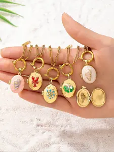 5 PC 18k Enamel Ocean Themed Photo Locket Charm Necklace, Stainless Steel Chain, Oval Shape Pendant, Perfect Gift for Women
