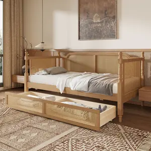 Traditional Style Rattan Twin Size Daybed with 2 Drawers for Limited Space, Guest Room, No Box Spring Needed, Antique Walnut