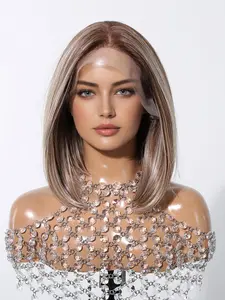 Silver Color Shoulder-Length Wig with Dark Roots, 13x6 No-Sew Lace Front Short Hair, Glueless HD Wigs, Ideal for Daily Wear, Synthetic Lace Wig for Women