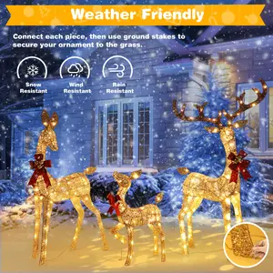 3-Piece Large Lighted Christmas Deer Family Set Pre-lit for Indoor Outdoor Front Yard Porch Holiday Decoration with 210 Warm White LED Lights Plug Ground Stakes Iron Frame Cotton Yarns PVC Gold
