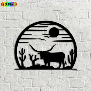 1pc Longhorn & Cactus Metal Wall Art, Western Desert Statue Mural, Ideal Gift for New Year, Easter, Western Decor Enthusiasts, Weather-Resistant Metal Wall Decor Wall Sculptures, Perfect for Outdoor Wall & Garden Fence Ranch Enthusiasts