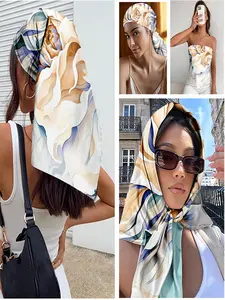 Scarf for hair, head, neck, and purse - Scarves for Women​ with Beige & Blue Floral Print (Trendy Peony Pattern) for Spring Garden Parties, Summer Beach, Festivals & Daily Chic Style—Bandana Perfect for Outings, Parties, Street Fashion