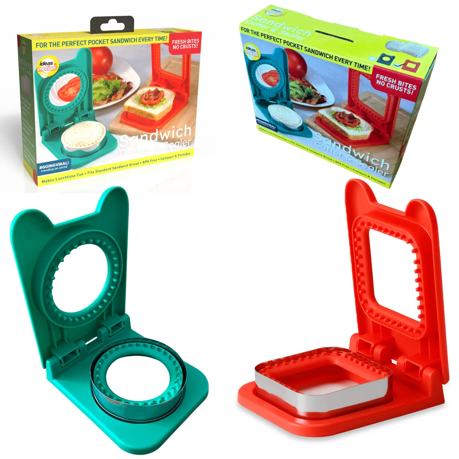 Kids' 2-Piece Metal Compact Kitchen Utensil Set - Crustless Sandwich Cutter & Sealer with Plastic Handle, Blade, 3.75in Square & Round Crust Remover, Dishwasher Safe for School Lunchboxes