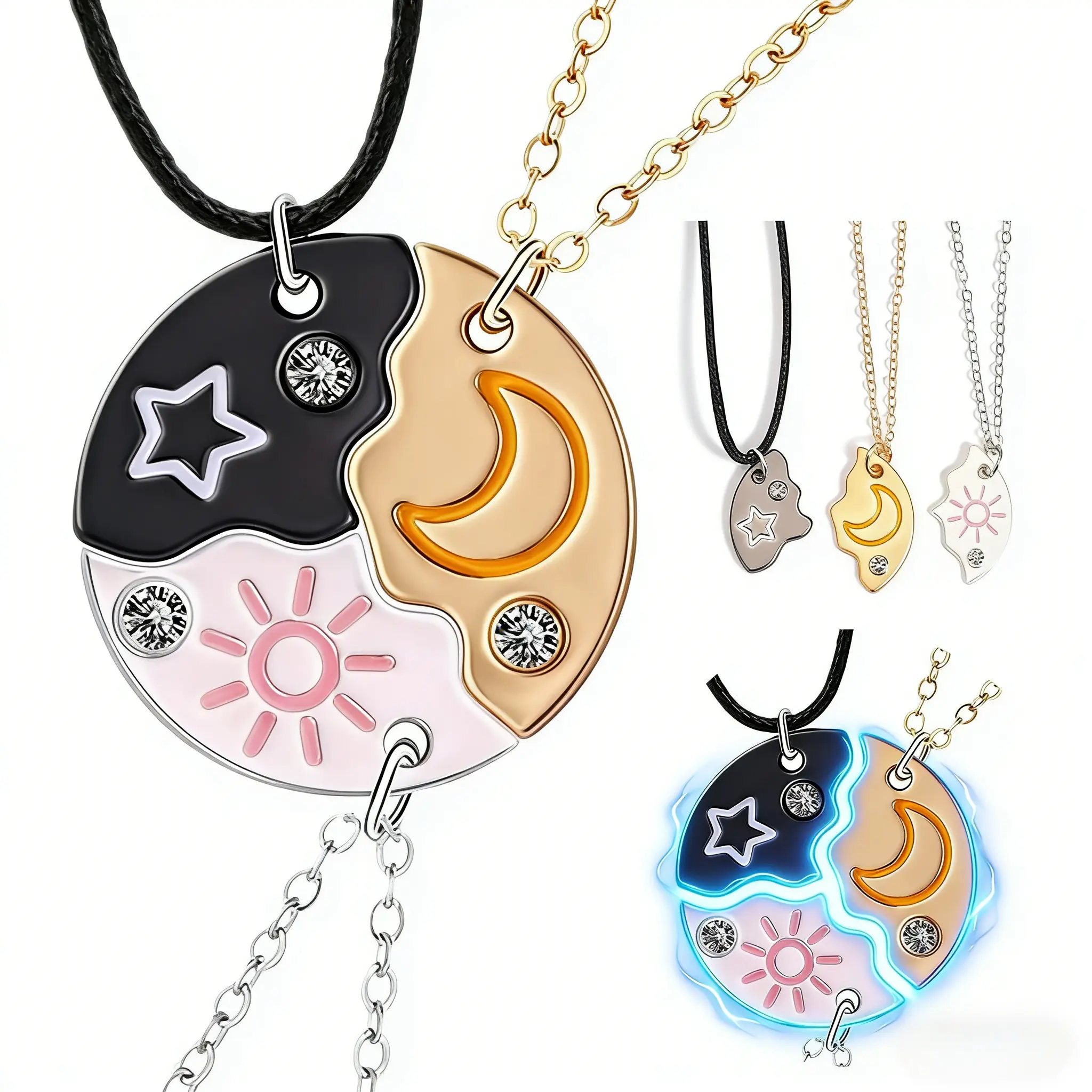 3Pcs Magnetic Best Friend Chains Necklaces, Sun-Moon-Star Trio Pendant Alloy Drip-Stitching Circle Sun Necklaces, Long-Distance Sister Friendship Aesthetic Party & Festive Supplies Gift, Chains Necklace, Circle Sun Necklace