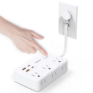 10-in-1 Multi-functional Power Socket With Surge Protector, 6 AC Outlets, 4 USB Outlets, Wall-mountable Power Extension, Portable and Compact Design-White, 0.5FT