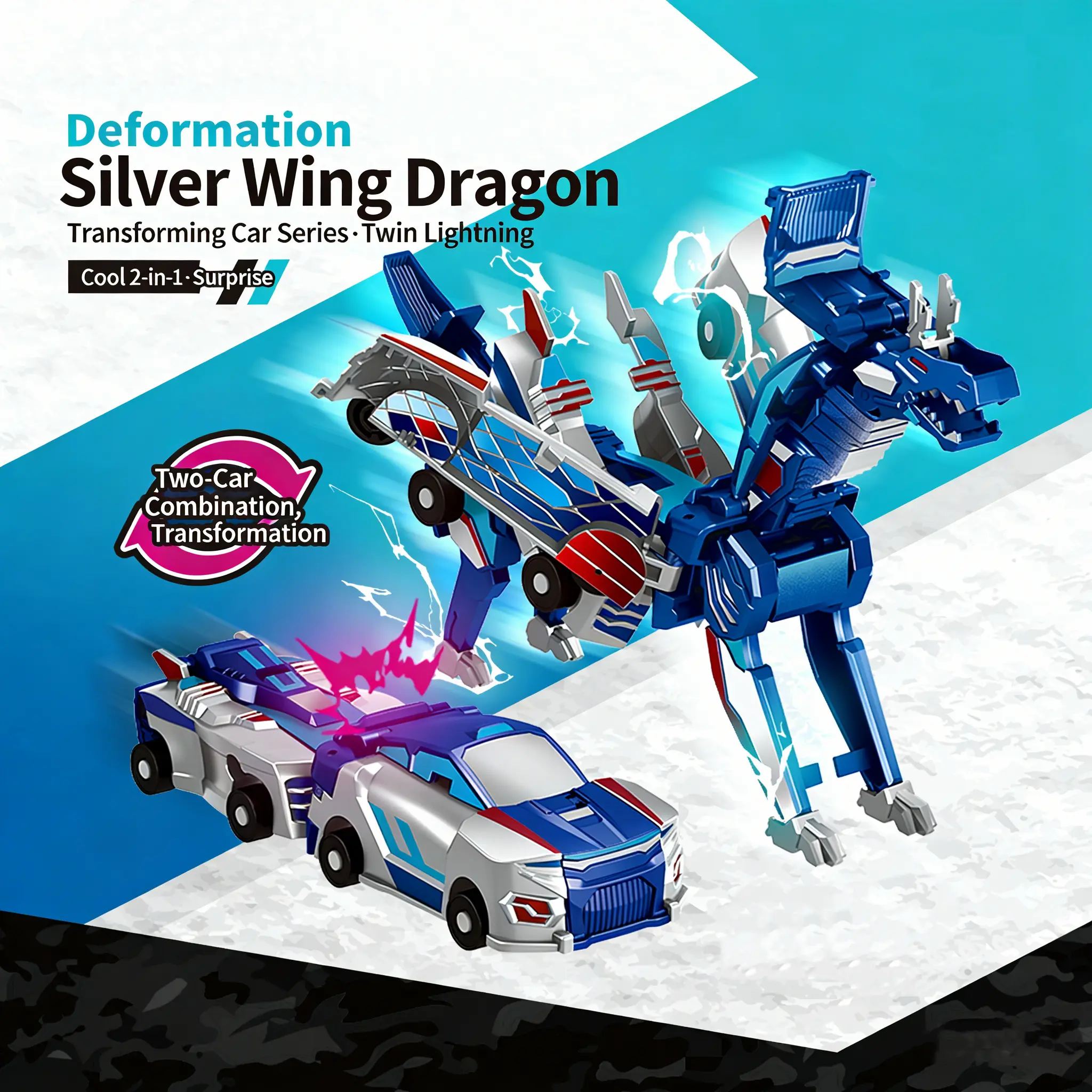 Magnetic Collision Transforming Car Toy, 2 Mini Cars Combine into Flying Dragon, Automatic Transformation Toy for Kids, Fun STEM Gift for Boys & Girls