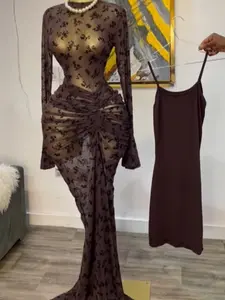PULKRITU Women's Long Sleeve Mesh Overlay Dress, Womenswear, Fitted Sheer Party Gown for Autumn Winter, Sexy Evening Wear Ruched Flare Round Collar floral body con Bodycon Midi Dresses, Maxi Dress with Tank Dress 2 Pcs Sets