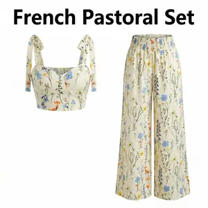 Women's French Floral Print Sleeveless Tank Top and Wide-Leg Pants Set — Casual Two-Piece Set — Four-Way Stretch Breathable Fabric — Elegant and Refined