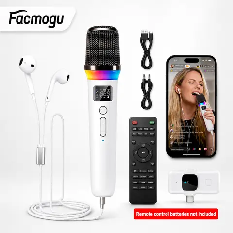 [Facmogu]  Live Streaming Sound Card Microphone – Compatible with headphones or AUX speakers (not Bluetooth speaker microphone), USB-C/Lightning receiver, 4 voice effects, 31-key remote control, suitable for live streaming, karaoke, and recording., Batter