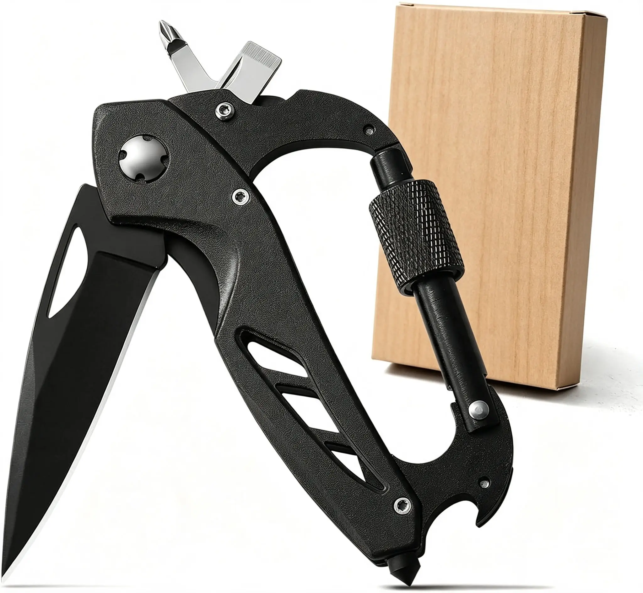 Multitool Carabiner with Pocket Knife, Survival Gear for Camping Hiking，EDC Carabiners Keychain with Folding Knives, Bottle Opener, Window Breaker and Screwdriver