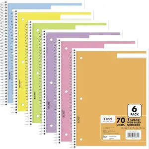 Spiral Notebook, 6 Pack, 1 Subject, Wide Ruled Paper, 7-1/2" x 10-1/2", 70 Sheets per Notebook, Assorted Pastel Colors (930050-ECM)