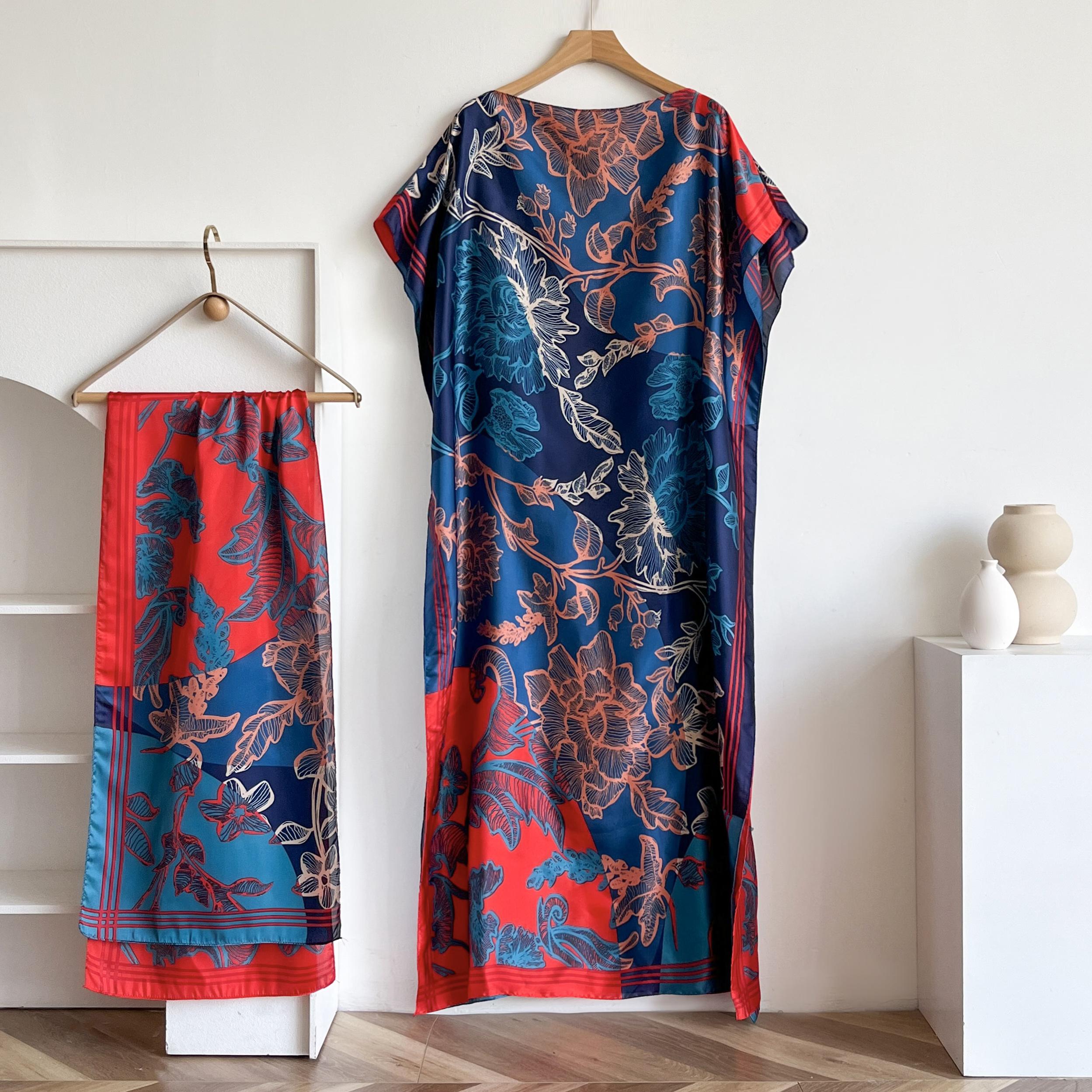 Women's Long Shawl Set Floral Print Robe Set with Shawl Collar Dress, Long Scarf Headband