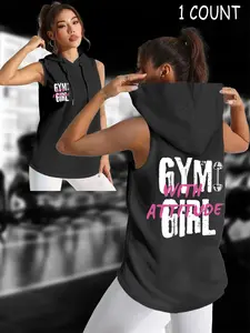 Women's Sleeveless Hooded Tank Top with Letter Print, Fashionable Casual Sportswear for Summer Outdoor Activities