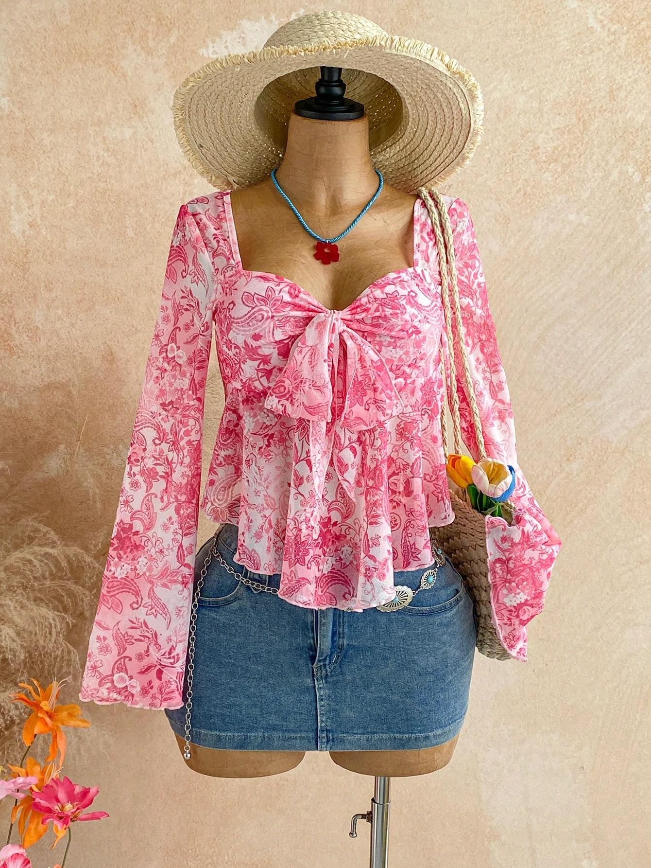 VYNCE Paisley Print Babydoll Long Sleeve Top Sweetheart Neck Summer Fall Fashion Trendy Boho Casual Everyday Blouse For Women