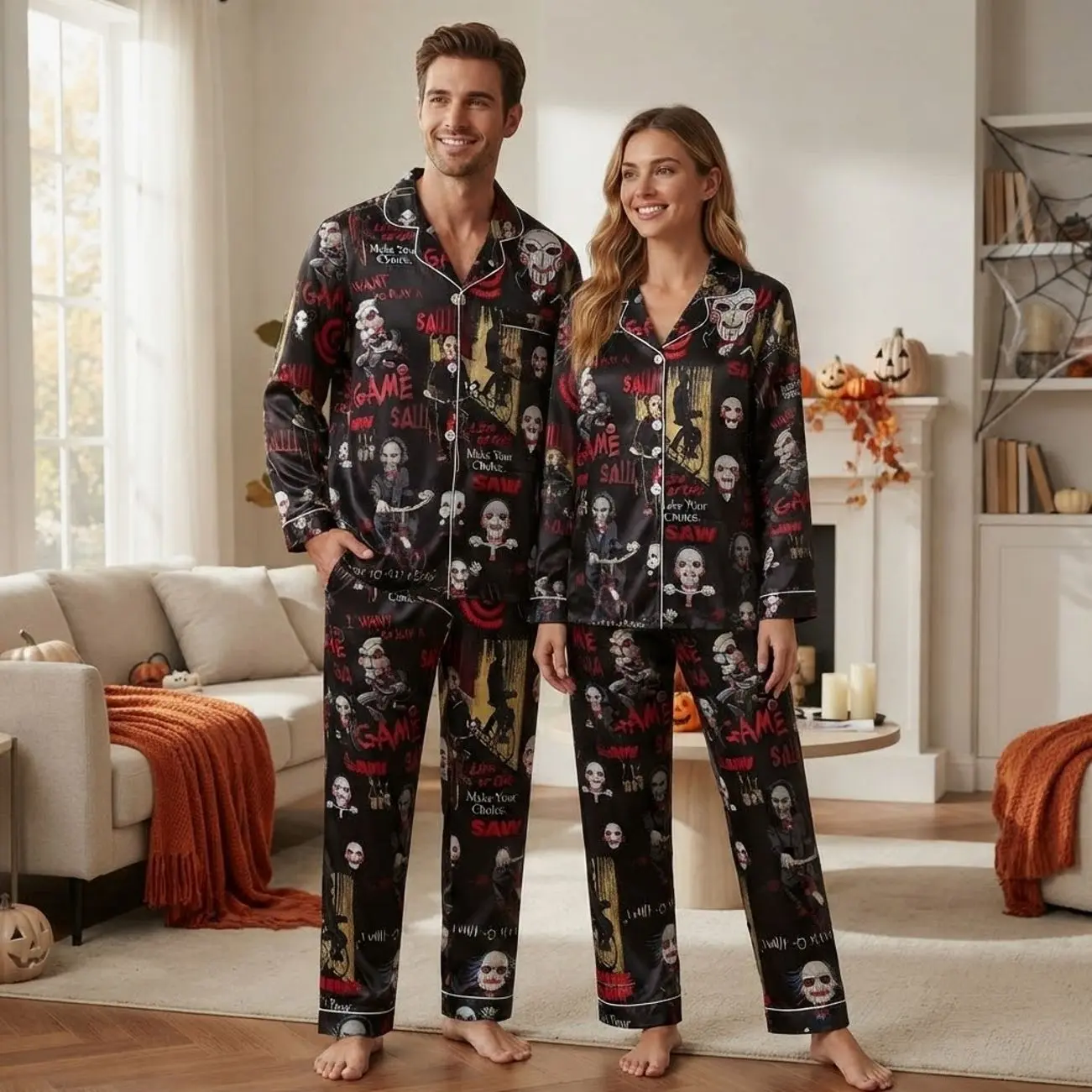 Saw Movie Horror Spooky Matching Couples Pajama Set Long Sleeve PJS
