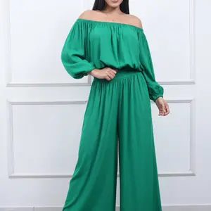 Linen Pant and Top Set Off the Shoulder Top with High Waisted Pants in Vibrant Color