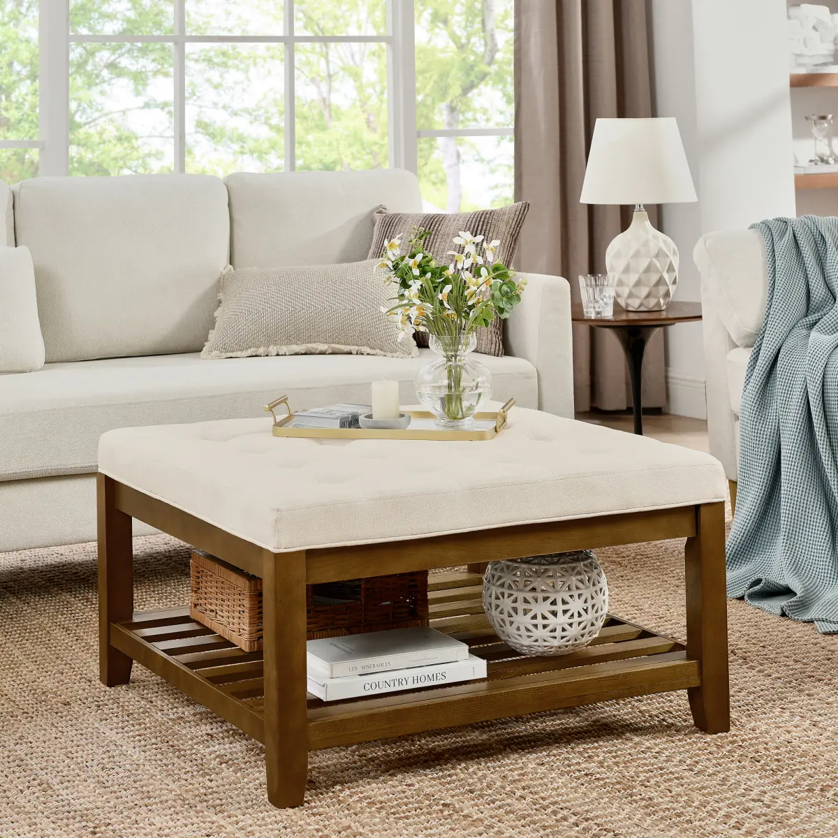 Large Size Square Linen Tufted Top Ottoman Coffee Table - 33.5"l x 33.5"w x 18"h, Ivory Upholstered, Beech Wood Frame & Shelf, High Density Natural Sponge, 400 lbs Capacity, Adjustable Foot Pads, Assembly Required, Living Room Footrest & Storage Solution,