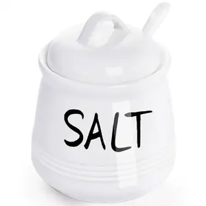 Salt Bowls with Lid and Spoon -12 oz Ceramic Salt Cellar, Salt Containers,  Box for Counter, Farmhouse Kitchen Decor, White
