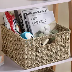 HOONEX Wicker Storage Baskets for Organizing, Decorative Woven Seagrass Baskets for Storage with Carrying Handles, Set of 2, Natural (Seagrass)