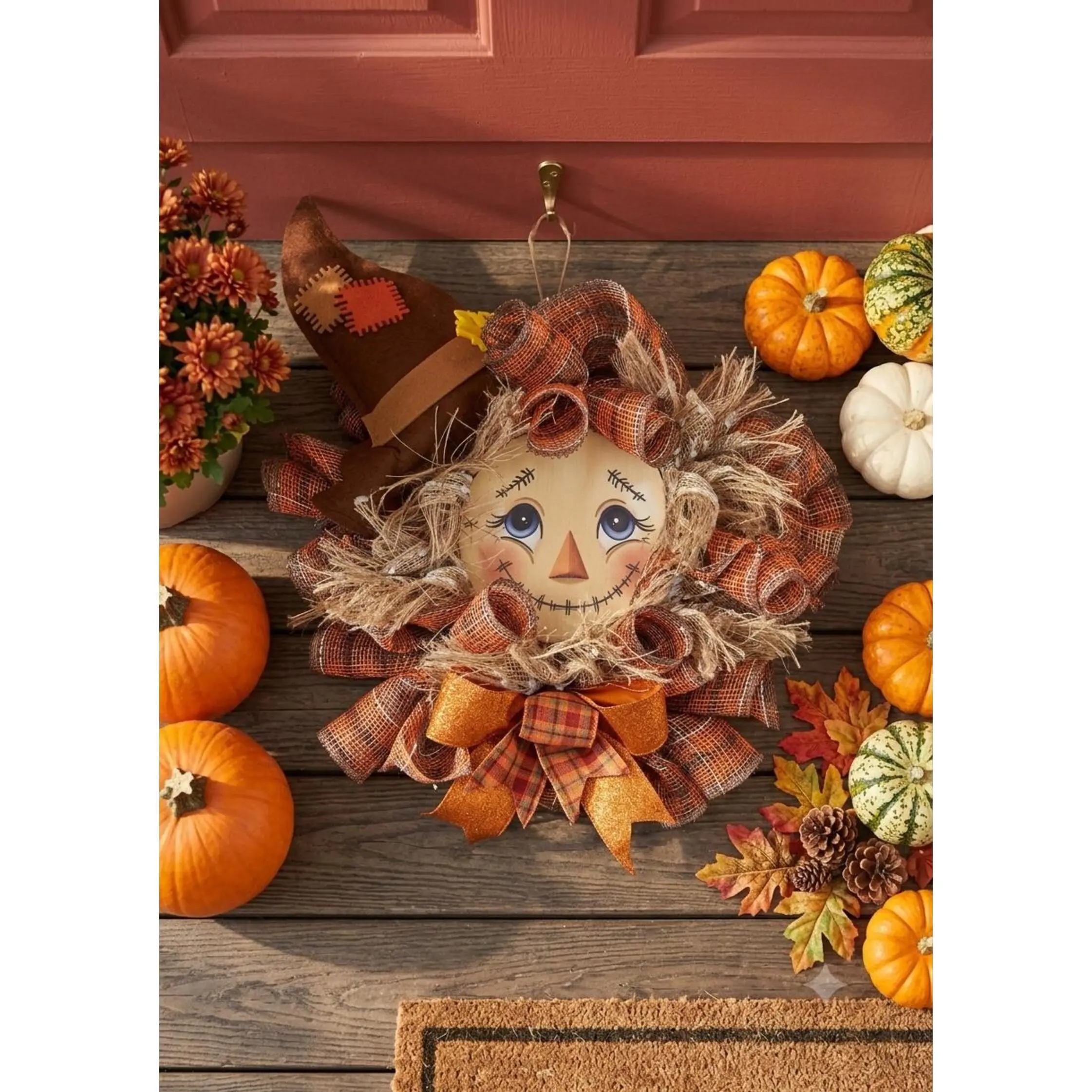 Handcrafted Autumn Scarecrow Mesh & Burlap Wreath with Wooden Face Blue Eyes Stitched Details 22-24 Inches Fall Decor for Halloween Thanksgiving