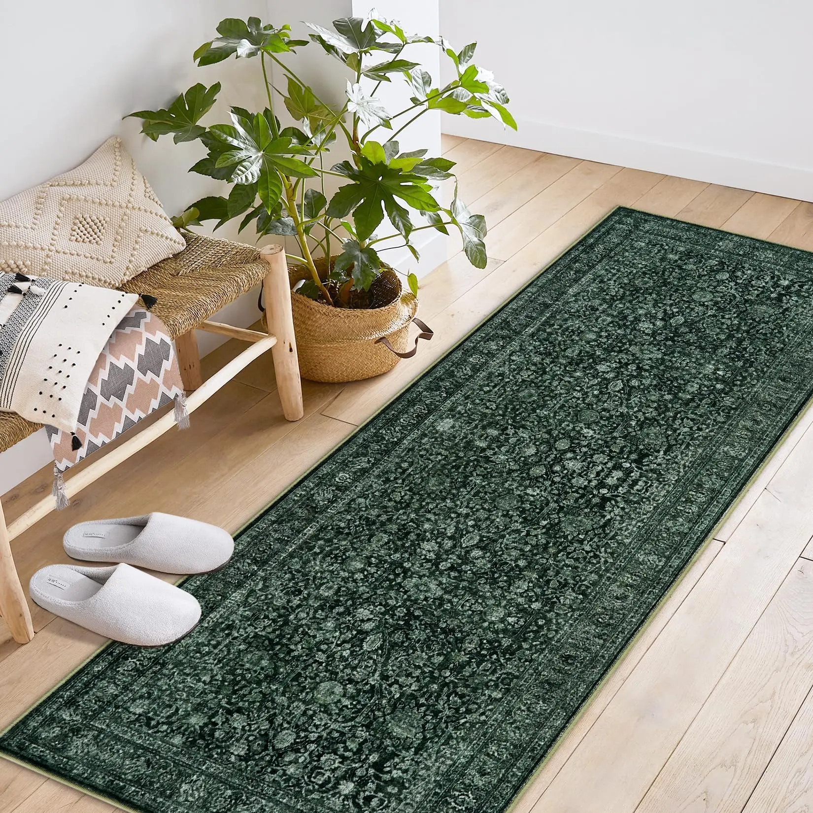 GARVEE Large Washable Vintage Floral Boho Area Rug for Living Room, Bedroom, Dining Room, and Playroom - Non Slip Low Pile Carpet in Dark Green, 2x6 Ft