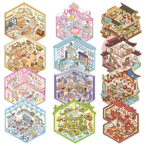 12pcs 3D landscape sticker set, cartoon themed scene stickers, bookstore stickers, DIY bakery stickers, DIY small book stickers, used for planning and scrapbook, scrapbook stickers do not require cutting