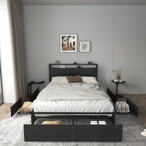 ARCH Full Bed Frame, Storage Headboard with Charging Station, Solid and Stable, Noise Free, No Box Spring Needed, Easy Assembly
