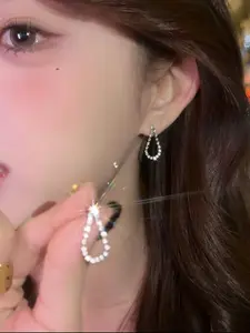 Silver Color Rhinestone Water Drop U-Shaped Earrings, Lightweight Luxury Design, Titanium Steel & Imitation Diamonds, Perfect for Parties & Gifts