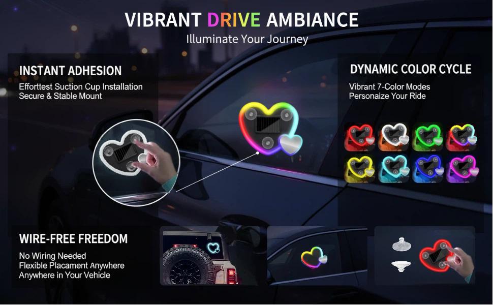 New Car LED Ambient Lighting - seven Colors eight Modes RGB Solar Powered&USB Charging Two Heart-Shaped Neon Light for Window Car Interior Light Decoration IP65 Waterproof New Car LED Ambient Lighting - seven Colors eight Modes RGB Solar Powered&USB Charging Two Heart-Shaped Neon Light for Window Car Interior Light Decoration IP65 Waterproof