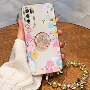 Y50 Beautiful Wreath Butterfly Plating Golden Luxury Jewelry Strap Lanyard Phone Holder Case with Shockproof Cover Compatible with For Vivo Y50