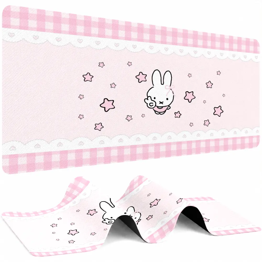 Kawaii Cute Bunny Gingham Border Fabric Top Large Area Mouse Pad - Star-Patterned Desk Mat for Work/Study, Kitchen Aesthetic Decor