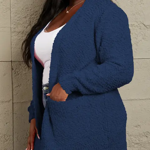 USBoutique Chic Plus Size Solid Black Pocket Drop Shoulder Cardigan Casual Long Sleeve Open Front Knitwear for Fall Winter Women's Clothing
