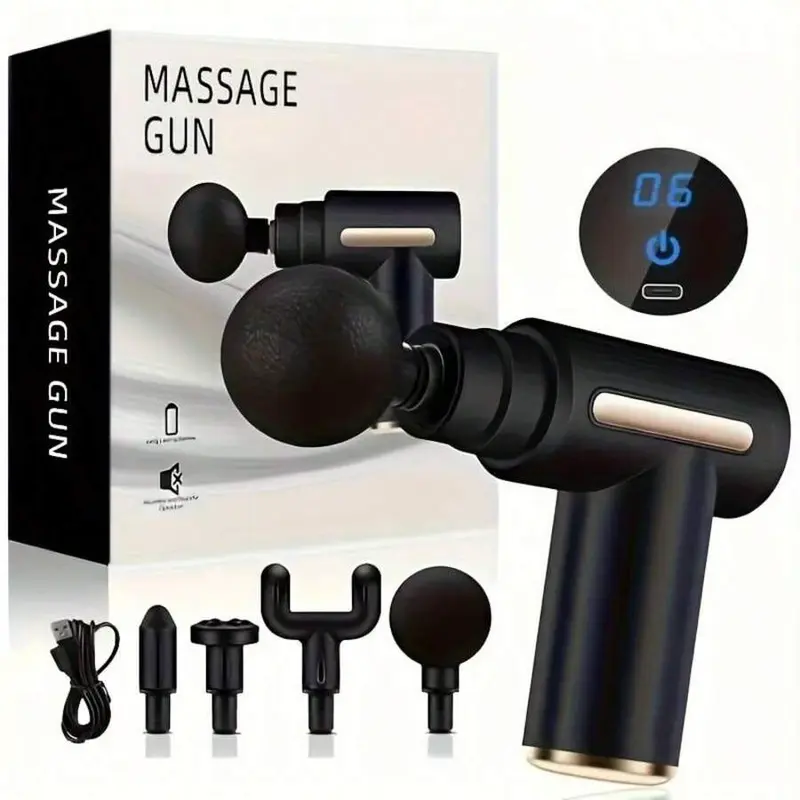 Home portable USB rechargeable 6-speed body massage gun, adjustable multifunctional body fascia gun . Perfect for muscle recovery, neck & back pain relief, and post-workout relaxation, 4 replaceable heads; Ultra-quiet brushless motor, Mother's Day gift