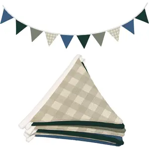 Boys Room Wall Art Decor, Sage Green Checkered Garland Triangle Bunting Flags, 11Ft Fabric Bunting for Toddler Nursery Playroom Baby Shower Birthday Party