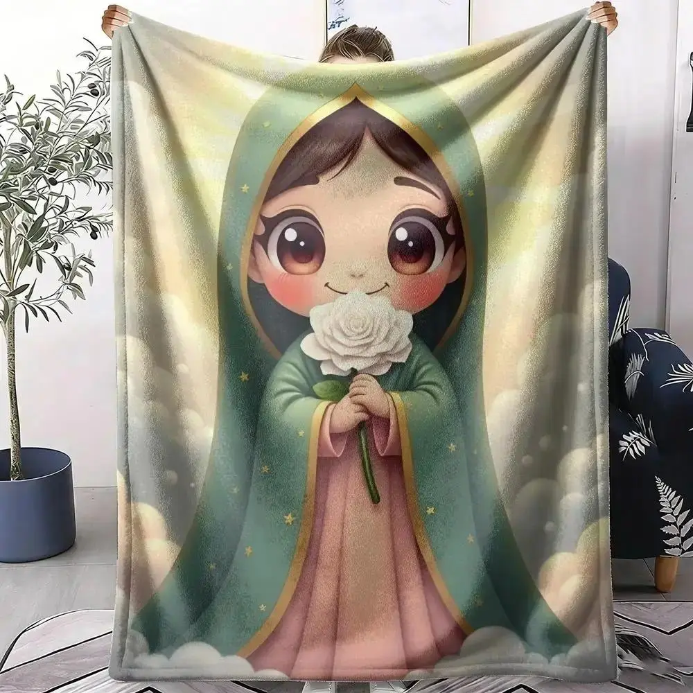 Cartoon Print Our Lady of Guadalupe Virgin Mary Plush Flannel Throw Blanket - Feel Cosy, Cozy Vibes, Warmth for Indoor Use, Soft Lightweight Portable Kids’ Bed/Sofa Cover, Warm Birthday/Christmas Gift