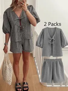 Women's Casual Bubble Sleeve Ruffle Shirt Tie Front Top Shorts Set, Plaid Pattern, Fitted Regular Length, 2 Piece